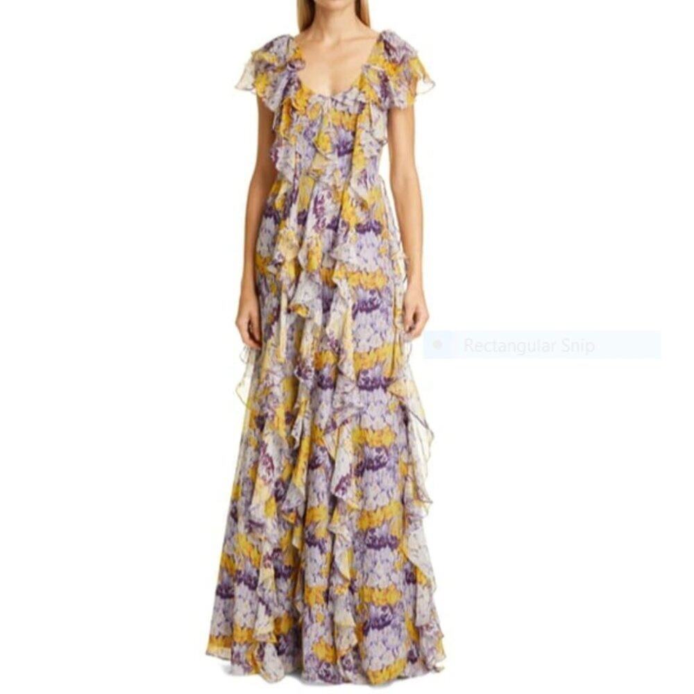 Flor et al Valles Floral Silk Chiffon Gown Ruffle Maxi Dress 100% silk size 2
